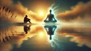 Sunrise stillness over calm water, guilt giving way to grace through deliberate action