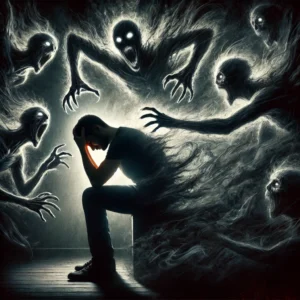 A person in a dimly lit room clutching their head in distress, the dramatic face of a psychic attack