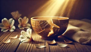 A broken ceramic bowl mended with gold, family bonds made more beautiful by their repairs