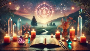 A glowing open journal on a wooden table with candles and crystals, creativity opening the subconscious