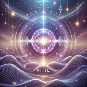 Glowing waves of purple light visualizing the 963 Hz frequency of divine harmony