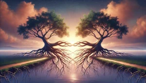 Two trees with intertwined roots connected by a bridge of light, forgiveness bridging what stood apart