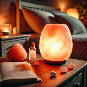 A glowing pink Himalayan salt lamp on a nightstand, warm light keeping the nightly peace