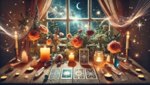 A glowing tarot deck on a wooden table with fresh flowers and crystal, the body's signals aligning with the cards
