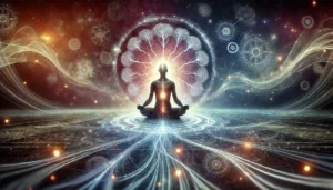 A figure in deep meditation surrounded by light, nature grounding intuitive clarity