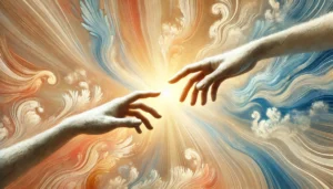 Hands reaching toward each other through swirling gold light, self-forgiveness closing the distance