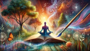 A serene figure meditating in vibrant nature, empathy expanding intuitive perception