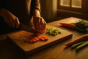 Hands chopping vegetables in quiet routine, grief processing through the ordinary