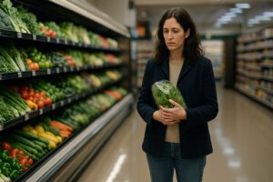 A person grieving numbly in a grocery store aisle, loss carried through the everyday