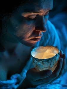 A woman cradles a glowing cup close to her heart, with a child’s blanket draped over a chair behind her, symbolizing memory and innocence.