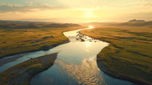 aerial-photo-of-river-flowing-through-landscape-with-one-branch-blocked-by-rocks-but-water-rerouting-under-golden-sunset