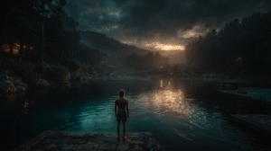 child-on-diving-board-sunset-water-glowing-freedom-surrender-discipline-deep-blue-silver-tones