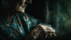 elderly-woman-folded-hands-sunlight-palliative-reflection-timeless-wisdom-cream-brown-golden-light