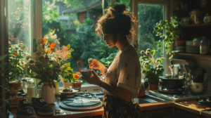 A woman stands peacefully in her kitchen holding a cup of tea, surrounded by soft light and lush green plants, symbolizing maternal nurture and abundance.