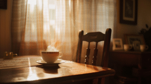 empty-chair-at-dining-table-with-steaming-teacup-and-soft-golden-hour-light-through-curtains-melancholic-photo