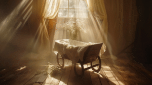 empty-wooden-cradle-in-soft-golden-light-with-dust-particles-floating-and-wildflowers-in-background-still-life-photo