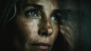 A woman gazes into a foggy bathroom mirror, hand pressed to the glass, with the faint word “Enough?” written in condensation.