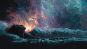 peaceful-figure-in-bed-glowing-breath-waves-blending-into-night-sky-muted-purple-midnight-blue-silver