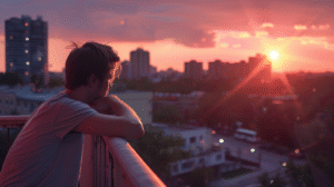 A person on a balcony at dawn, breath visible over the city skyline, presence reclaimed one morning at a time