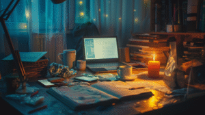 person-sitting-alone-at-night-desk-with-scattered-papers-and-journal-under-blurred-streetlights-emotional-photo