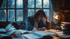 person-sitting-alone-at-night-desk-with-scattered-papers-and-journal-under-blurred-streetlights-emotional-photo