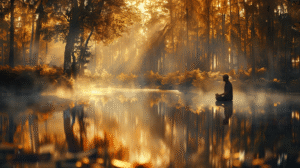 A person sitting by a misty forest stream at golden sunrise, stillness returning the reflection within