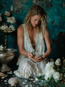 A woman kneels at a table, releasing flower petals into water, representing love redirected into community, creativity, and self