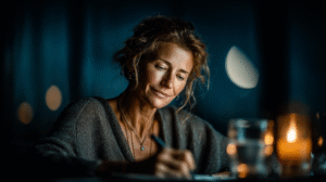 A contemplative woman in soft light, journaling at a desk with a photo of her children nearby, symbolizing rediscovering self beyond motherhood.