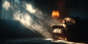 A lamp flickering with spirit energy in a dim room