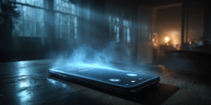 A phone screen glowing with static, a digital hello from the other side