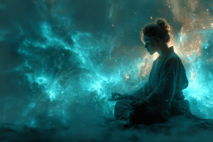 depiction of a human aura as radiant light particles around the body