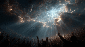 Countless glowing hands reaching upward toward radiant light, symbolizing transcendence, unity, and the expansion of consciousness after death.