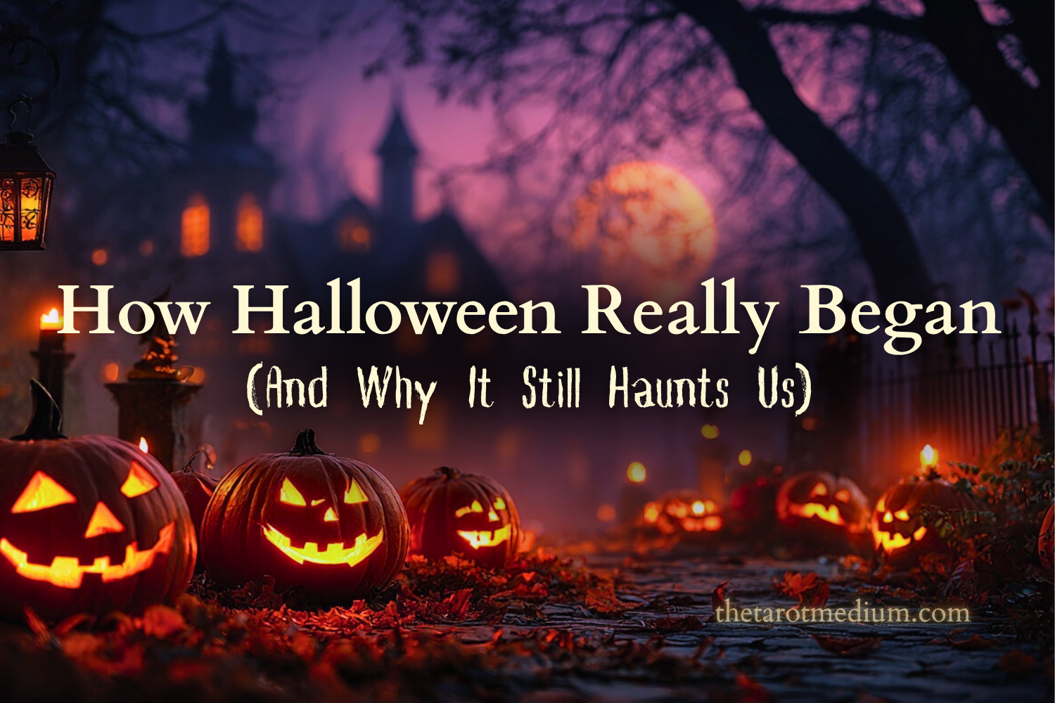 Collage-style Halloween background with glowing pumpkins, eerie jack-o’-lanterns, black cats, witches’ silhouettes, haunted houses, werewolves, bats, autumn leaves, candles, and ghostly double exposure photography — capturing the full haunted essence of Halloween