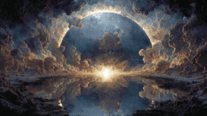 A glowing cosmic orb surrounded by faint human faces made of light, symbolizing interconnected souls and unity of consciousness.