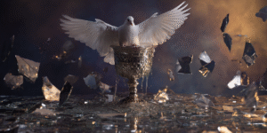 Cinematic overflowing stone basin with clear luminous water, white dove hovering above, early morning light, symbolic Ace of Cups imagery evoking emotional renewal and spiritual clarity.