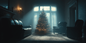 Bare Christmas tree in a dim living room with open boxes of old ornaments scattered on the floor.