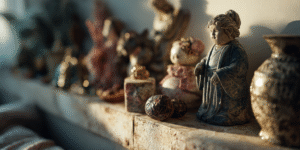 Shelf filled with sentimental trinkets and keepsakes in warm light, symbolizing emotional clutter.