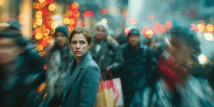 Woman in a blue coat standing still on a busy holiday shopping street while shoppers rush past in motion blur.