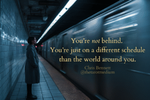 Person standing still on a subway platform as a train blurs by, symbolizing feeling behind in life, emotional fatigue and a paused internal timeline.