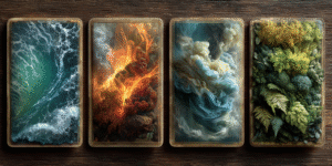 Four symbolic elemental panels representing earth, air, fire, and water, each depicted with living textures and motion — lush greenery, drifting clouds, rising flame, and rippling water — forming a unified visual expression of tarot’s elemental foundations.