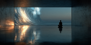 Meditative figure in minimalist moonlit room overlooking deep blue ocean, brainwave-like reflections on water, representing introspection and intuitive clarity.