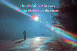 Overlapping physical forest and shimmering spiritual dimension with refracted particles and soft morning mist.