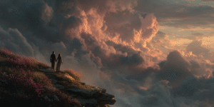 Two silhouettes on a windy cliffside reaching toward each other as light breaks through clouds, symbolizing tarot Lovers card themes of connection, alignment, and choice.