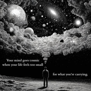 Silhouetted figure on vast night terrain gazing upward while thought bubbles expand into a cosmic sky, symbolizing overthinking, imagination, existential pressure and searching for meaning.