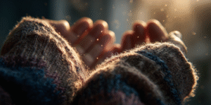 Close-up of hands reaching forward from the sleeves of a soft sweater, symbolizing vulnerability and longing.
