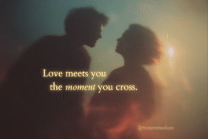 Silhouettes of a human and a luminous soul reaching toward each other across a glowing spiritual threshold. 