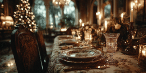 Empty Christmas dinner table set with luxury décor and fine china, symbolizing loneliness during the holidays.