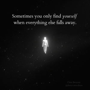 Glowing silhouette of a person floating alone in outer space, symbolizing soul-level exhaustion, emotional detachment and the weightlessness that comes with surrender.