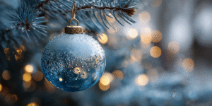 Blue mercury-glass Christmas ornament hanging from a blue spruce branch, softly lit with warm bokeh in the background.