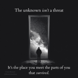 Silhouette of a person standing at a doorway opening into outer space, symbolizing stepping into the unknown, confronting emptiness and facing internal transformation.
